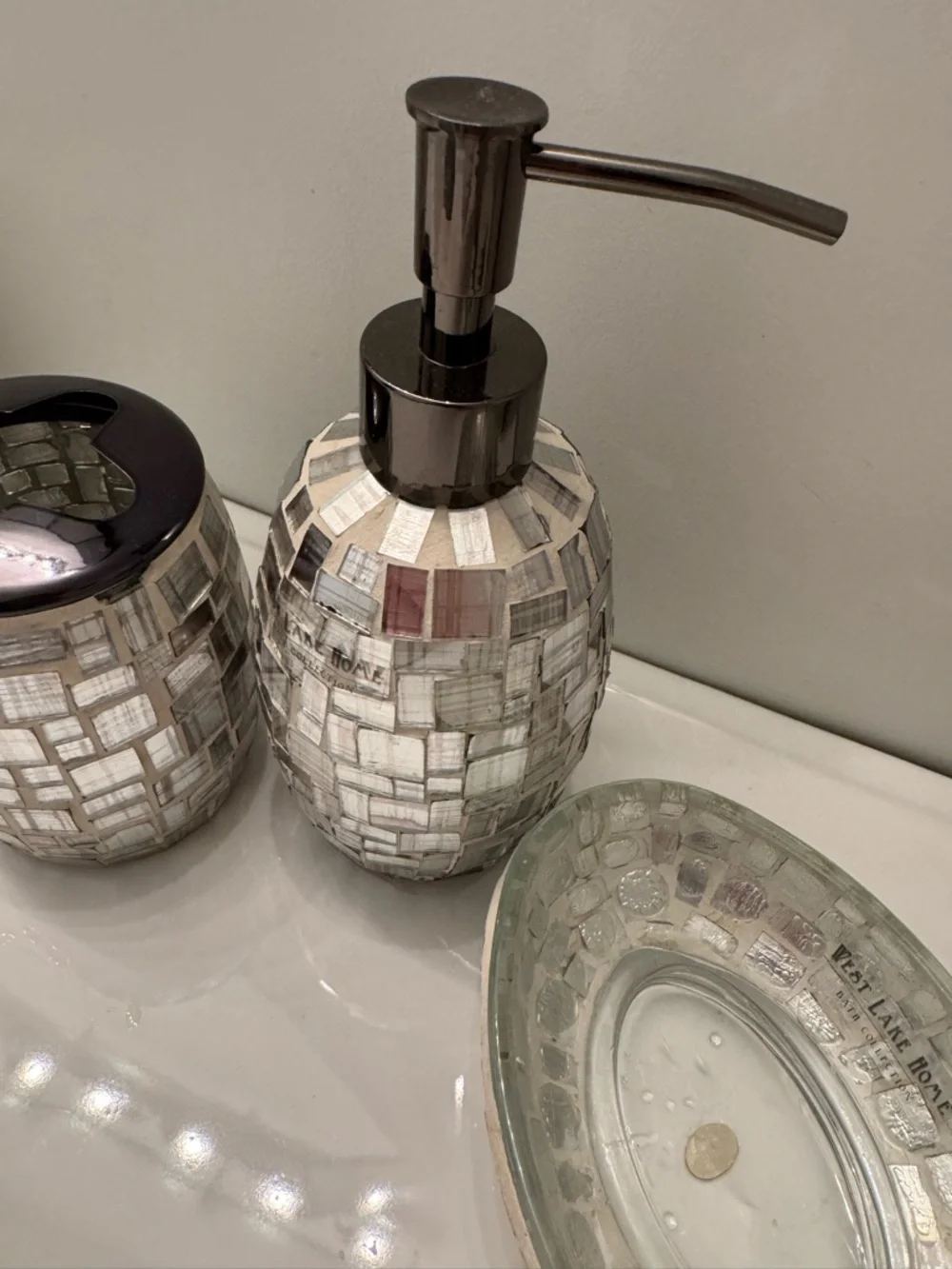 Silver Mosaic Home Bath Soap Dispenser pump, soap dish and toothbrush holder